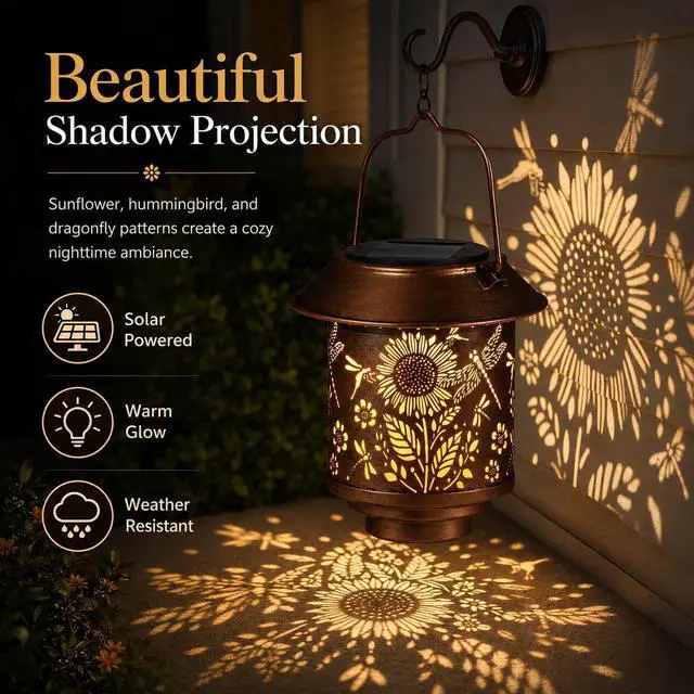Alt view image 3 of 7 - Sunflower Solar Lantern Outdoor Hanging Gifts for Women Mom Grandma | Dragonflies Garden Lovers Rustic Bronze Metal Garden Lantern with Flower Shadow Projection, Solar Light for Patio Porch Yard