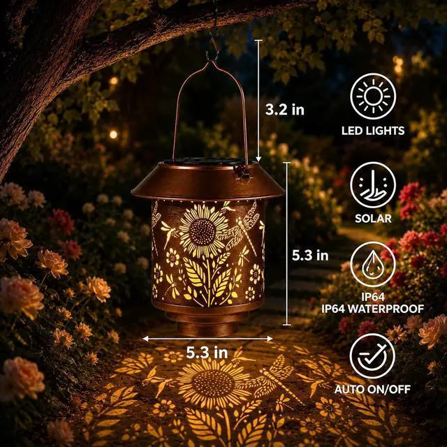 Alt view image 2 of 7 - Sunflower Solar Lantern Outdoor Hanging Gifts for Women Mom Grandma | Dragonflies Garden Lovers Rustic Bronze Metal Garden Lantern with Flower Shadow Projection, Solar Light for Patio Porch Yard
