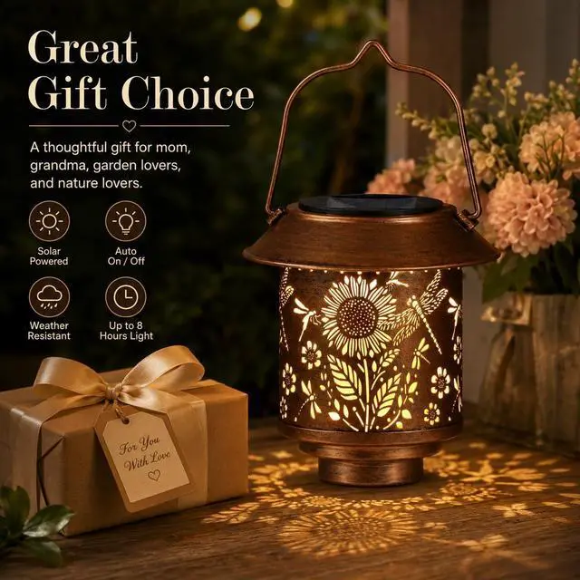 Alt view image 5 of 7 - Sunflower Solar Lantern Outdoor Hanging Gifts for Women Mom Grandma | Dragonflies Garden Lovers Rustic Bronze Metal Garden Lantern with Flower Shadow Projection, Solar Light for Patio Porch Yard