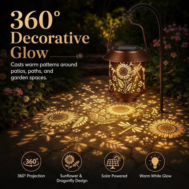 Alt view image 4 of 7 - Sunflower Solar Lantern Outdoor Hanging Gifts for Women Mom Grandma | Dragonflies Garden Lovers Rustic Bronze Metal Garden Lantern with Flower Shadow Projection, Solar Light for Patio Porch Yard