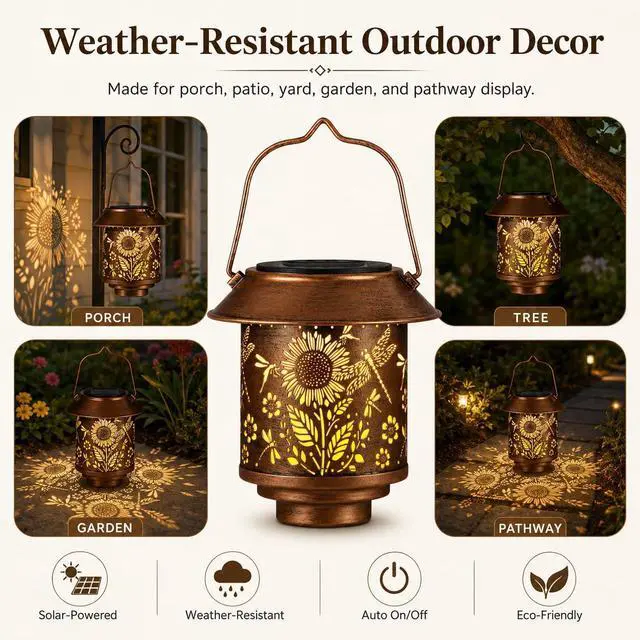 Alt view image 6 of 7 - Sunflower Solar Lantern Outdoor Hanging Gifts for Women Mom Grandma | Dragonflies Garden Lovers Rustic Bronze Metal Garden Lantern with Flower Shadow Projection, Solar Light for Patio Porch Yard