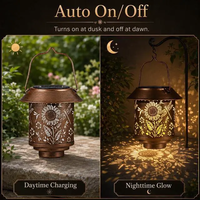 Alt view image 7 of 7 - Sunflower Solar Lantern Outdoor Hanging Gifts for Women Mom Grandma | Dragonflies Garden Lovers Rustic Bronze Metal Garden Lantern with Flower Shadow Projection, Solar Light for Patio Porch Yard