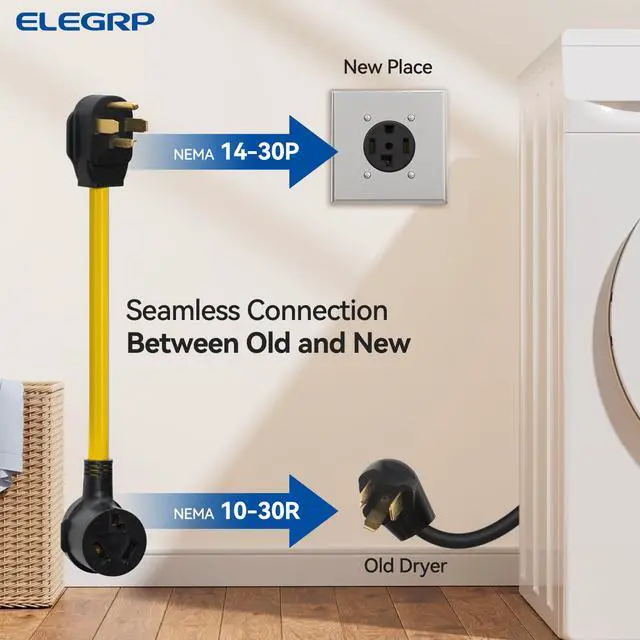 Alt view image 3 of 7 - 1.5FT Dryer Adapter Cord, NEMA 14-30P to 10-30R, 4 Prong New House to 3 Prong Old Dryer, 30 Amp/250V/7500W, Heavy Duty 10-AWG STW, 180° Rotating Plug, UL Standard Compliant