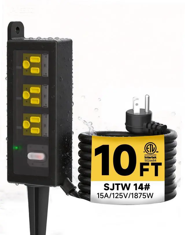 Main image of Outdoor Extension Cord, 3 Wide Outlets, 1875W/15A, 10FT 14AWG Heavy Duty SJTW Power Strip with Surge Protector, All-Weather & IP66 Fully Waterproof, Ideal for Patio, Garden, Pool, RV, Black