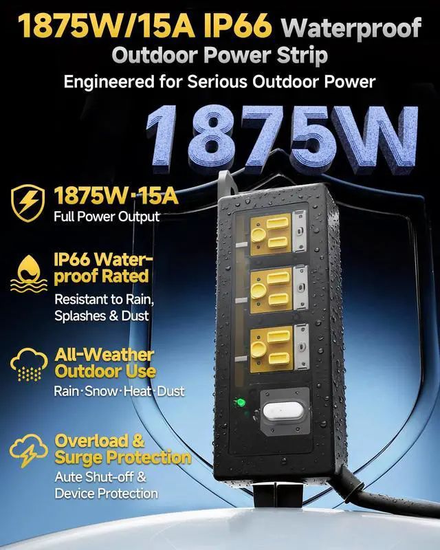 Alt view image 2 of 7 - Outdoor Extension Cord, 3 Wide Outlets, 1875W/15A, 10FT 14AWG Heavy Duty SJTW Power Strip with Surge Protector, All-Weather & IP66 Fully Waterproof, Ideal for Patio, Garden, Pool, RV, Black