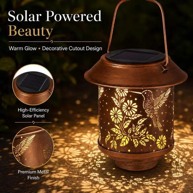 Alt view image 2 of 7 - Solar Lantern Outdoor Hanging Gifts for Women Mom Grandma(Hummingbirds) | Metal Garden Lantern with Flower Shadow Projection, Decorative Solar Light for Patio Porch Yard Tree Garden Lovers