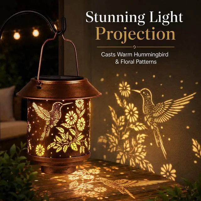 Alt view image 3 of 7 - Solar Lantern Outdoor Hanging Gifts for Women Mom Grandma(Hummingbirds) | Metal Garden Lantern with Flower Shadow Projection, Decorative Solar Light for Patio Porch Yard Tree Garden Lovers