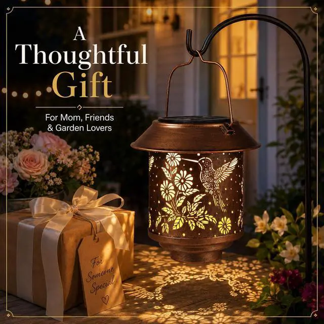Alt view image 5 of 7 - Solar Lantern Outdoor Hanging Gifts for Women Mom Grandma(Hummingbirds) | Metal Garden Lantern with Flower Shadow Projection, Decorative Solar Light for Patio Porch Yard Tree Garden Lovers