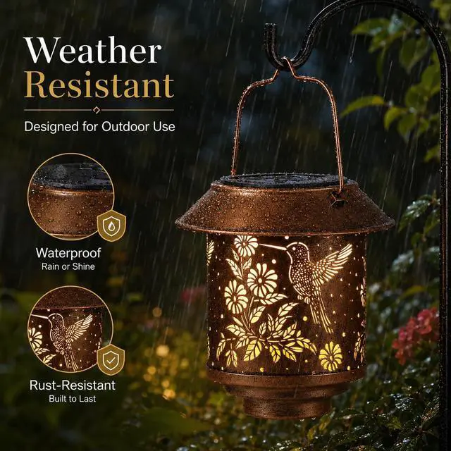 Alt view image 4 of 7 - Solar Lantern Outdoor Hanging Gifts for Women Mom Grandma(Hummingbirds) | Metal Garden Lantern with Flower Shadow Projection, Decorative Solar Light for Patio Porch Yard Tree Garden Lovers