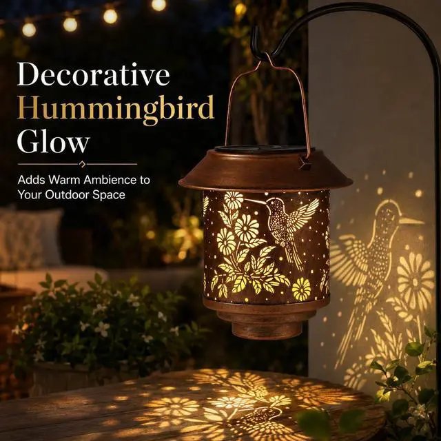 Alt view image 6 of 7 - Solar Lantern Outdoor Hanging Gifts for Women Mom Grandma(Hummingbirds) | Metal Garden Lantern with Flower Shadow Projection, Decorative Solar Light for Patio Porch Yard Tree Garden Lovers