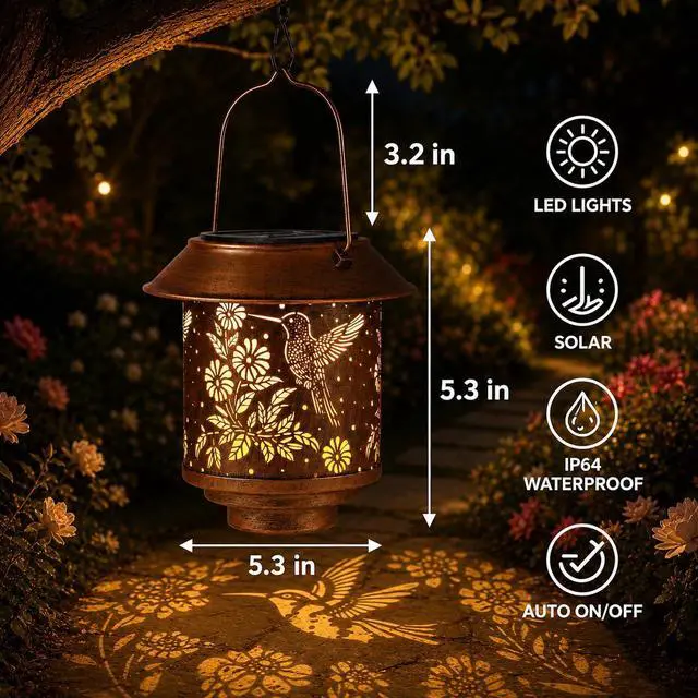 Alt view image 7 of 7 - Solar Lantern Outdoor Hanging Gifts for Women Mom Grandma(Hummingbirds) | Metal Garden Lantern with Flower Shadow Projection, Decorative Solar Light for Patio Porch Yard Tree Garden Lovers