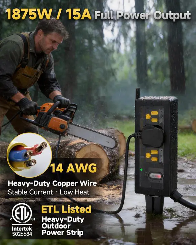 Alt view image 3 of 7 - Outdoor Extension Cord, 3 Wide Outlets, 1875W/15A, 10FT 14AWG Heavy Duty SJTW Power Strip with Surge Protector, All-Weather & IP66 Fully Waterproof, Ideal for Patio, Garden, Pool, RV, Black