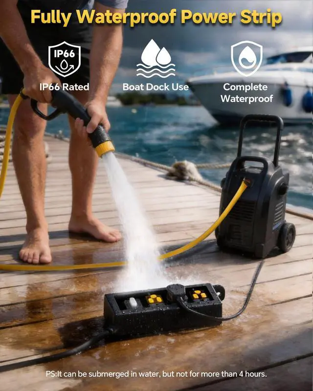 Alt view image 4 of 7 - Outdoor Extension Cord, 3 Wide Outlets, 1875W/15A, 10FT 14AWG Heavy Duty SJTW Power Strip with Surge Protector, All-Weather & IP66 Fully Waterproof, Ideal for Patio, Garden, Pool, RV, Black