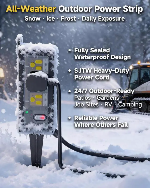 Alt view image 5 of 7 - Outdoor Extension Cord, 3 Wide Outlets, 1875W/15A, 10FT 14AWG Heavy Duty SJTW Power Strip with Surge Protector, All-Weather & IP66 Fully Waterproof, Ideal for Patio, Garden, Pool, RV, Black
