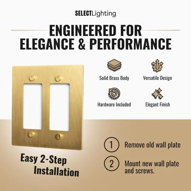 Alt view image 3 of 7 - SELECT 2-Gang Solid Brass Wall Plate Cover, Satin Brass Finish | Electrical Receptacle Outlet Faceplate, GFI/Rocker Decorator Light Switch Cover