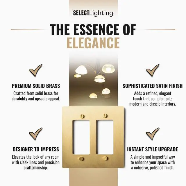 Alt view image 5 of 7 - SELECT 2-Gang Solid Brass Wall Plate Cover, Satin Brass Finish | Electrical Receptacle Outlet Faceplate, GFI/Rocker Decorator Light Switch Cover