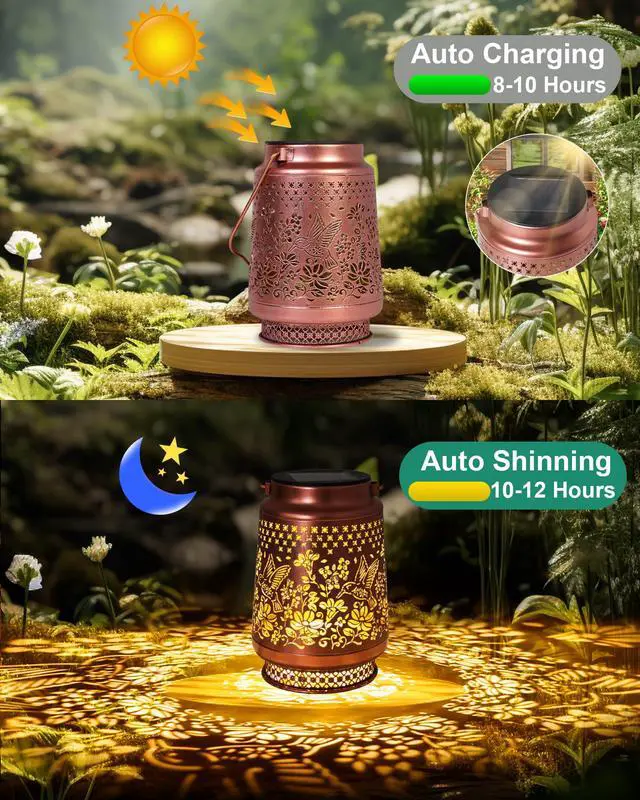 Alt view image 4 of 7 - Solar Lanterns Outdoor Waterproof Hummingbird Elegant Garden Decor Birthday Gifts for Women Mom Grandma Sister Metal Hanging Solar Lights Outside Gardening Decorations for Backyard, Patio, Lawn, Porch