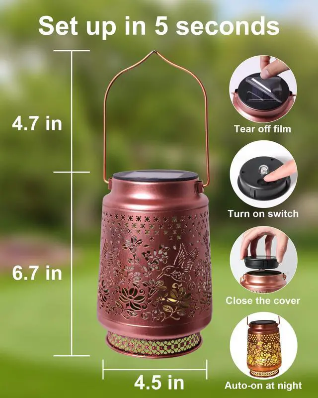 Alt view image 5 of 7 - Solar Lanterns Outdoor Waterproof Hummingbird Elegant Garden Decor Birthday Gifts for Women Mom Grandma Sister Metal Hanging Solar Lights Outside Gardening Decorations for Backyard, Patio, Lawn, Porch