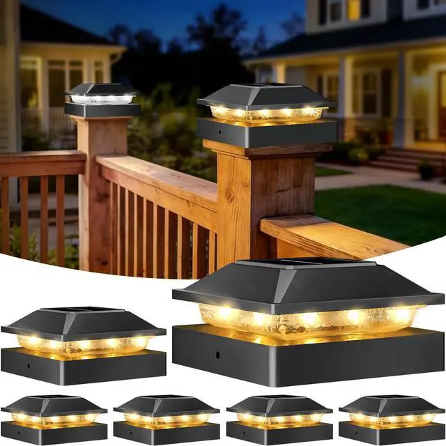 Main image of 4x4 Solar Post Cap Lights 6 Pack, 2 Modes 16 LED Post Lights Solar Powered Waterproof, Black Fence Deck Lights Fit 4x4, 3.5x3.5 Wooden/Vinyl Post for Porch Patio