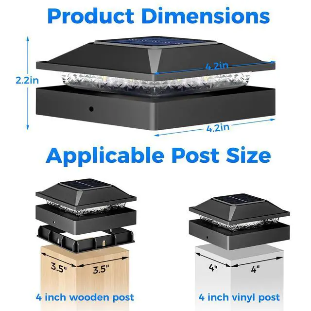 Alt view image 4 of 7 - 4x4 Solar Post Cap Lights 6 Pack, 2 Modes 16 LED Post Lights Solar Powered Waterproof, Black Fence Deck Lights Fit 4x4, 3.5x3.5 Wooden/Vinyl Post for Porch Patio