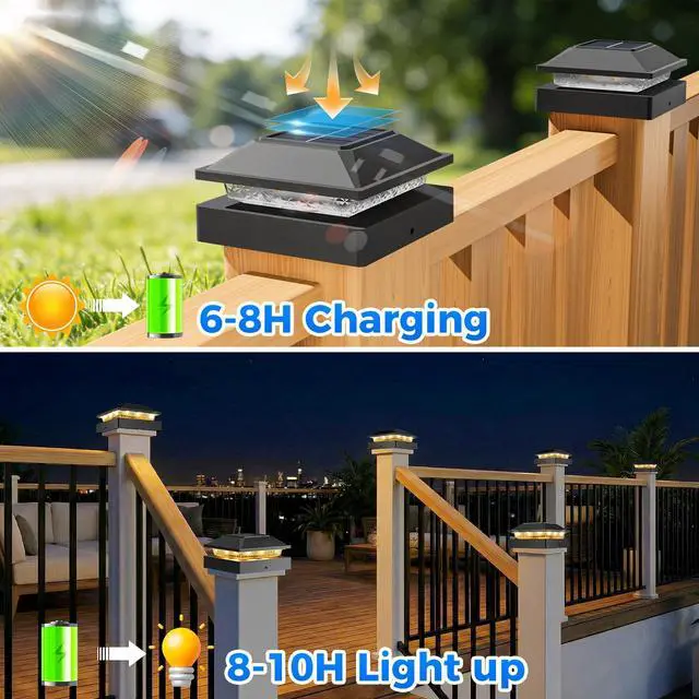 Alt view image 5 of 7 - 4x4 Solar Post Cap Lights 6 Pack, 2 Modes 16 LED Post Lights Solar Powered Waterproof, Black Fence Deck Lights Fit 4x4, 3.5x3.5 Wooden/Vinyl Post for Porch Patio