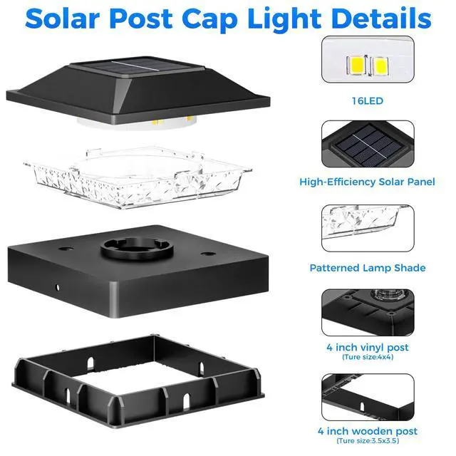Alt view image 6 of 7 - 4x4 Solar Post Cap Lights 6 Pack, 2 Modes 16 LED Post Lights Solar Powered Waterproof, Black Fence Deck Lights Fit 4x4, 3.5x3.5 Wooden/Vinyl Post for Porch Patio