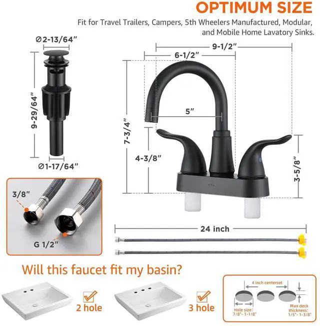 Alt view image 2 of 7 - Bathroom Sink Faucet 2 or 3 Hole Matte Black Centerset 4 Inch | Bathroom Faucet 2 Handle Plating Over ABS Plastic Non-Metallic Lavatory Bathroom Faucet with Pop up Drain Water Supply Hoses