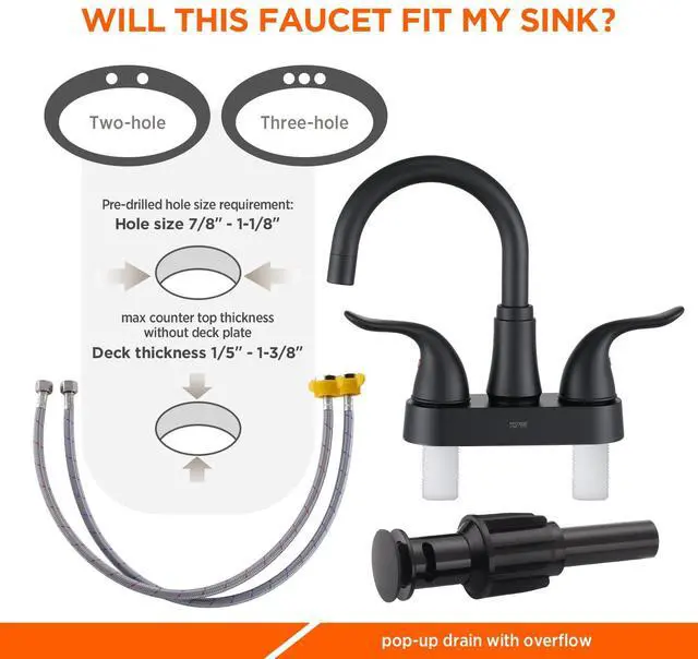 Alt view image 3 of 7 - Bathroom Sink Faucet 2 or 3 Hole Matte Black Centerset 4 Inch | Bathroom Faucet 2 Handle Plating Over ABS Plastic Non-Metallic Lavatory Bathroom Faucet with Pop up Drain Water Supply Hoses