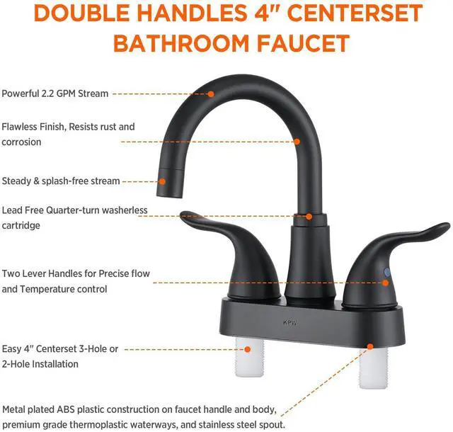 Alt view image 4 of 7 - Bathroom Sink Faucet 2 or 3 Hole Matte Black Centerset 4 Inch | Bathroom Faucet 2 Handle Plating Over ABS Plastic Non-Metallic Lavatory Bathroom Faucet with Pop up Drain Water Supply Hoses