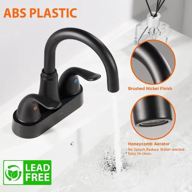 Alt view image 5 of 7 - Bathroom Sink Faucet 2 or 3 Hole Matte Black Centerset 4 Inch | Bathroom Faucet 2 Handle Plating Over ABS Plastic Non-Metallic Lavatory Bathroom Faucet with Pop up Drain Water Supply Hoses