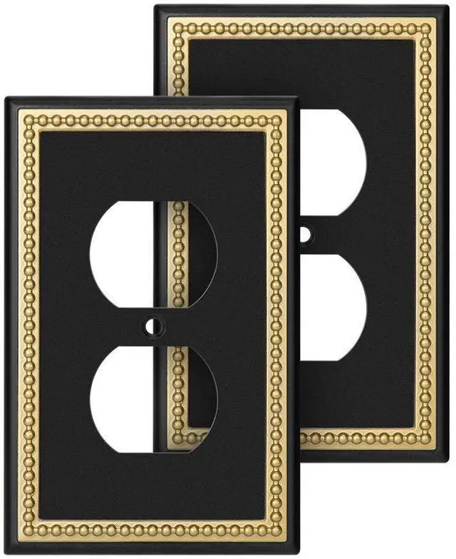 Main image of Pearled Frame Decorative Wall Plate Switch Plate Outlet Cover (Single Duplex 2PK, Black & Dark Golden)