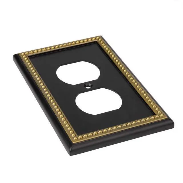 Alt view image 5 of 7 - Pearled Frame Decorative Wall Plate Switch Plate Outlet Cover (Single Duplex 2PK, Black & Dark Golden)