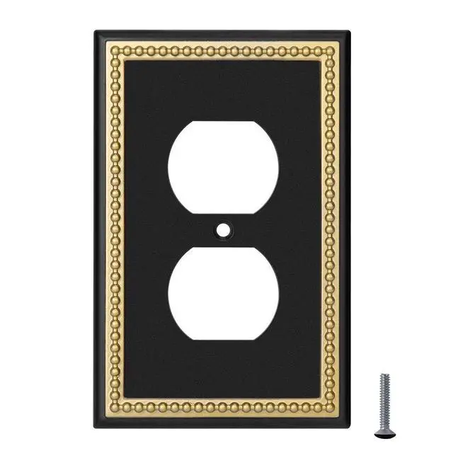 Alt view image 6 of 7 - Pearled Frame Decorative Wall Plate Switch Plate Outlet Cover (Single Duplex 2PK, Black & Dark Golden)