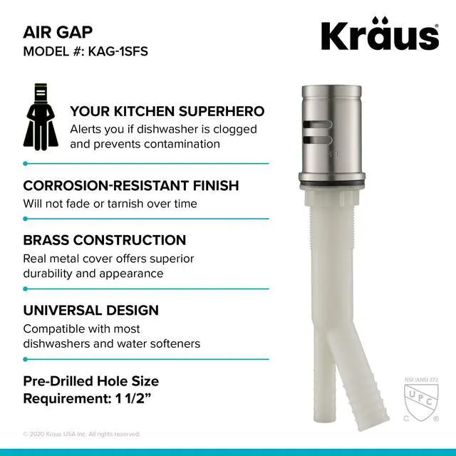 Alt view image 5 of 7 - Dishwasher Air Gap in Spot Free All-Brite Stainless Steel, KAG-1SFS