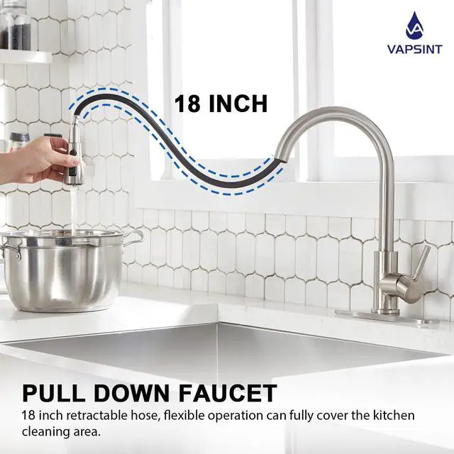 Alt view image 2 of 7 - Kitchen Faucet with Pull Down Sprayer, Brushed Nickel | Lead-Free NSF Certified, 3-Mode Sprayer, 304 Stainless Steel, Single Handle Faucet, 1 or 3 Hole for Farmhouse RV Laundry Bar