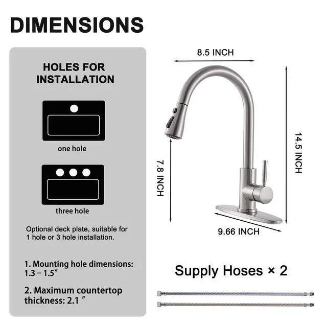 Alt view image 3 of 7 - Kitchen Faucet with Pull Down Sprayer, Brushed Nickel | Lead-Free NSF Certified, 3-Mode Sprayer, 304 Stainless Steel, Single Handle Faucet, 1 or 3 Hole for Farmhouse RV Laundry Bar