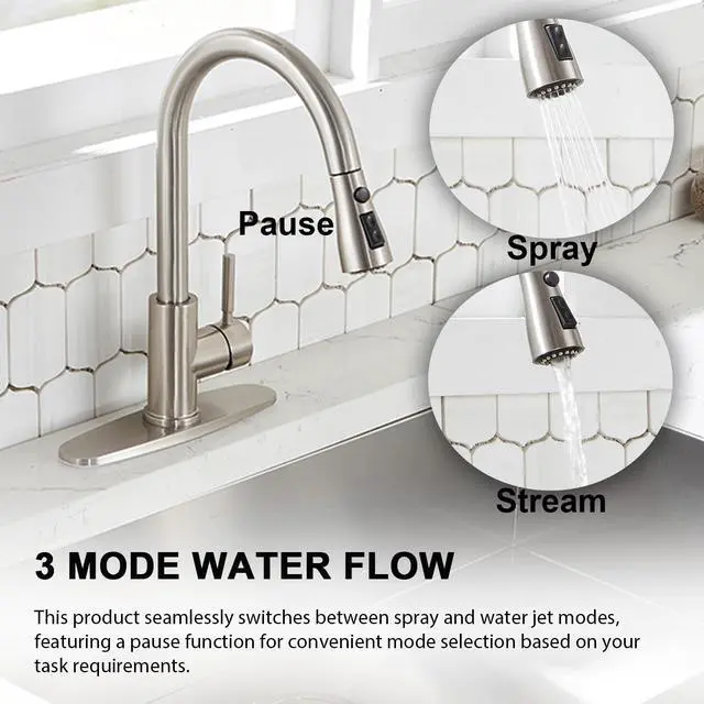 Alt view image 4 of 7 - Kitchen Faucet with Pull Down Sprayer, Brushed Nickel | Lead-Free NSF Certified, 3-Mode Sprayer, 304 Stainless Steel, Single Handle Faucet, 1 or 3 Hole for Farmhouse RV Laundry Bar