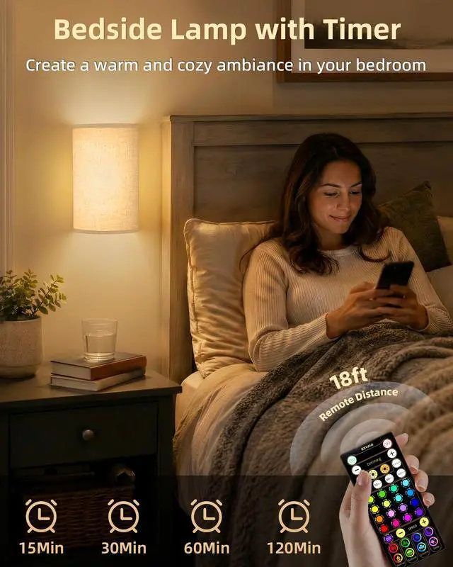 Alt view image 4 of 7 - Battery Operated Wall Sconce Set of Two with Remote, Wall Lights | Rechargeable, Peel and Stick, Wireless, 3 Color & 80 RGB, Dimmable, Timer, Fabric Linen Wall Mount Lamp for Bedroom