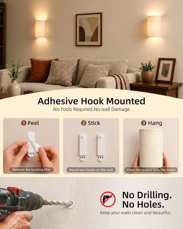 Alt view image 3 of 7 - Battery Operated Wall Sconce Set of Two with Remote, Wall Lights | Rechargeable, Peel and Stick, Wireless, 3 Color & 80 RGB, Dimmable, Timer, Fabric Linen Wall Mount Lamp for Bedroom