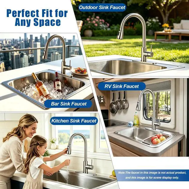 Alt view image 6 of 7 - Kitchen Faucet with Pull Down Sprayer, Brushed Nickel | Lead-Free NSF Certified, 3-Mode Sprayer, 304 Stainless Steel, Single Handle Faucet, 1 or 3 Hole for Farmhouse RV Laundry Bar
