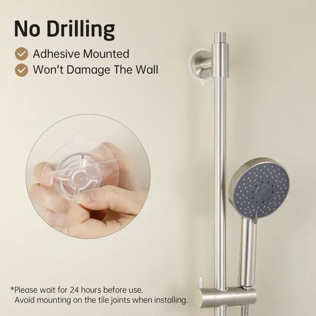 Alt view image 2 of 7 - No Drill 30-Inch Shower Slide Bar with Adjustable Handheld Shower Head Holder, Self Adhesive, Universal Fit, SUS304 Brushed Stainless Steel Drill-Free for Bathroom, F209S78DF-BS