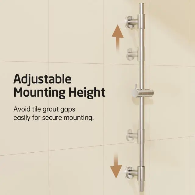 Alt view image 3 of 7 - No Drill 30-Inch Shower Slide Bar with Adjustable Handheld Shower Head Holder, Self Adhesive, Universal Fit, SUS304 Brushed Stainless Steel Drill-Free for Bathroom, F209S78DF-BS