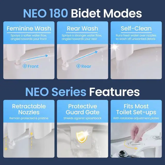 Alt view image 3 of 7 - NEO 180 - Non-Electric Bidet Attachment for Toilet Seat, Blue | Dual Nozzle, Self-Cleaning, Adjustable Water Pressure, Rear & Feminine Wash, with Lever Control