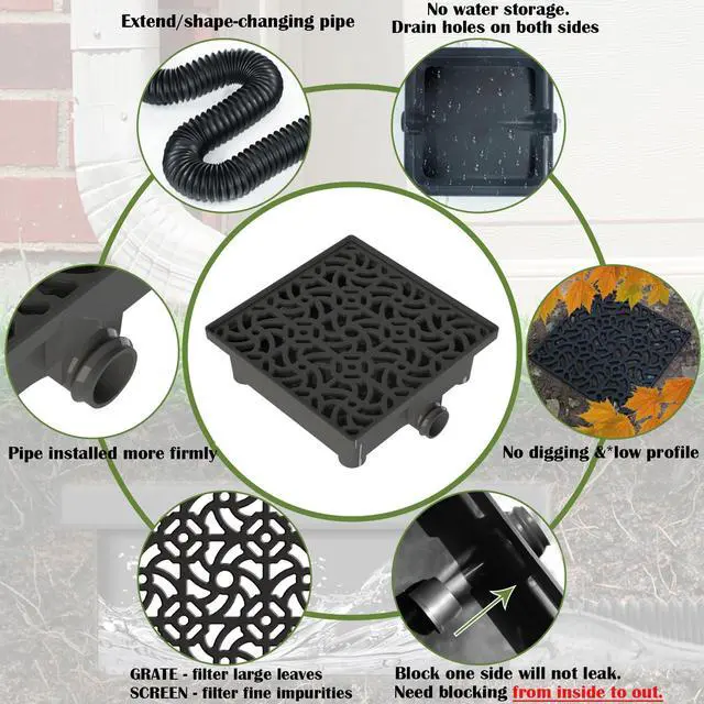 Alt view image 3 of 7 - Gutter Downspout Extensions, 12 x 12in Catch Basin | Upgraded Low Profile Downspout Extender, No Deep Dig French Drain, Flexible Pipe Extension to 8.2ft, Protect House Foundation