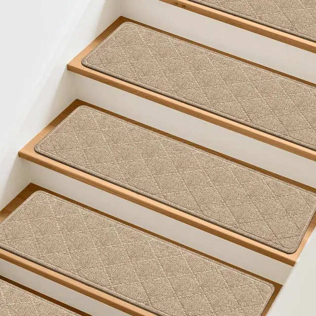 Main image of 15 Pcs Stair Treads Non-Slip for Wooden Steps, 8"x30" Beige | Indoor Stair Runner for Kids, Elders & Pets, Washable Polyester Carpet Stair Treads with Peel & Stick Reusable TPE Backing