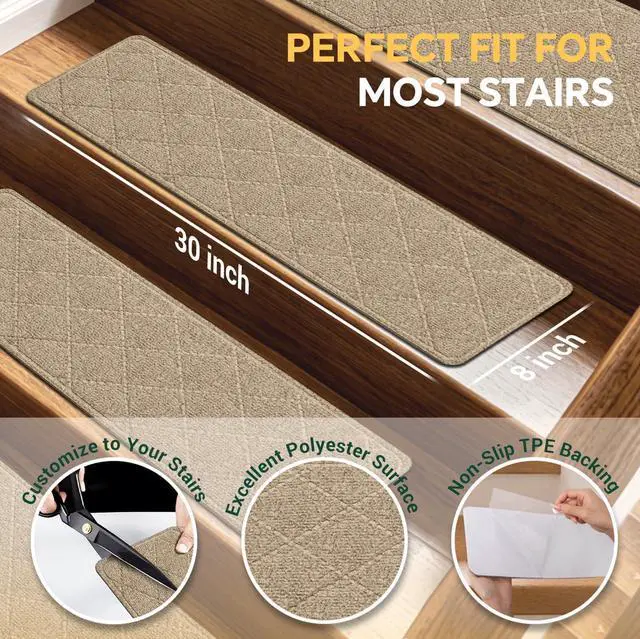 Alt view image 3 of 7 - 15 Pcs Stair Treads Non-Slip for Wooden Steps, 8"x30" Beige | Indoor Stair Runner for Kids, Elders & Pets, Washable Polyester Carpet Stair Treads with Peel & Stick Reusable TPE Backing