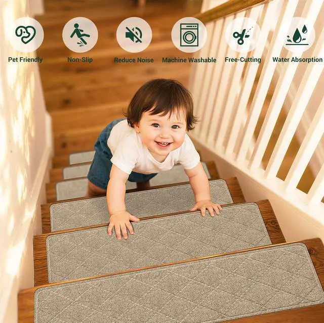 Alt view image 4 of 7 - 15 Pcs Stair Treads Non-Slip for Wooden Steps, 8"x30" Beige | Indoor Stair Runner for Kids, Elders & Pets, Washable Polyester Carpet Stair Treads with Peel & Stick Reusable TPE Backing