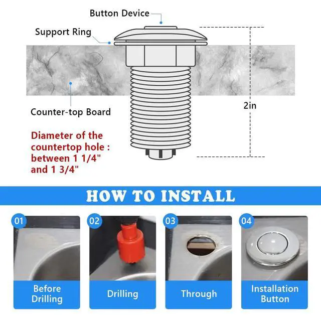 Alt view image 4 of 6 - Garbage Disposal Switch, Cordless Air On Off Kit for Food Waste Disposer, Brushed Gold, LONG 3.5" Sink Top Push Button by