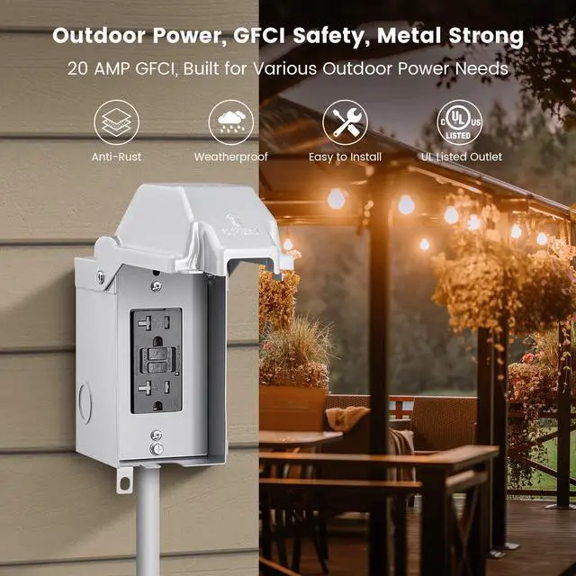 Alt view image 2 of 7 - Outdoor Outlet Box, 20 AMP Electrical Box with GFCI Outlet | 20 AMP WRTR GFCI Receptacles, Rainproof 3R Enclosure, All Metal Outlet Cover, Power Plug for Backyard, Outdoor Lighting