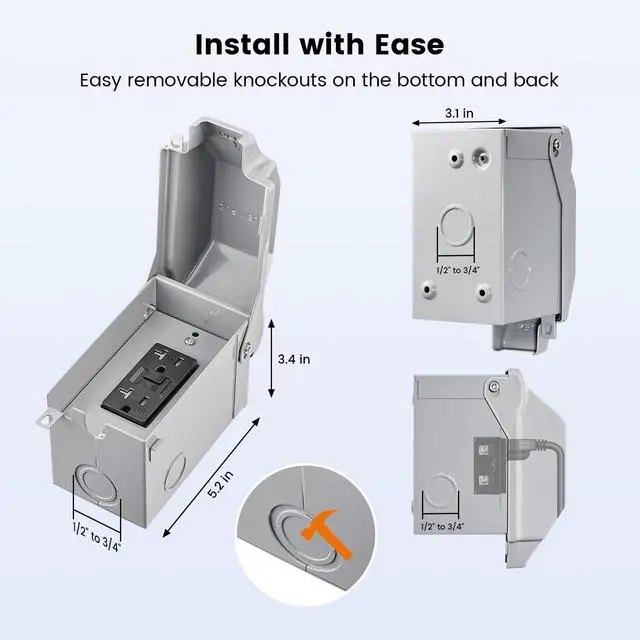 Alt view image 6 of 7 - Outdoor Outlet Box, 20 AMP Electrical Box with GFCI Outlet | 20 AMP WRTR GFCI Receptacles, Rainproof 3R Enclosure, All Metal Outlet Cover, Power Plug for Backyard, Outdoor Lighting